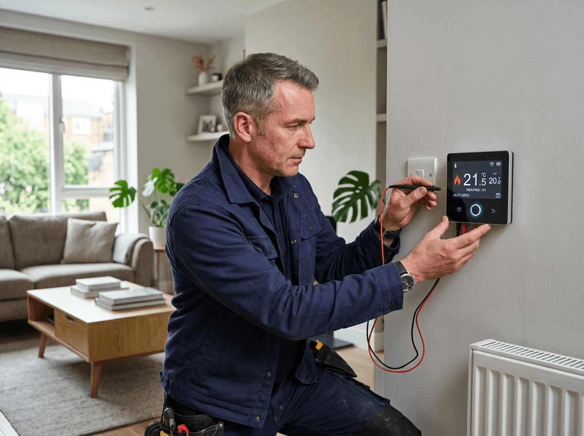 Engineer fitting a new white panel radiator and valves to a wall